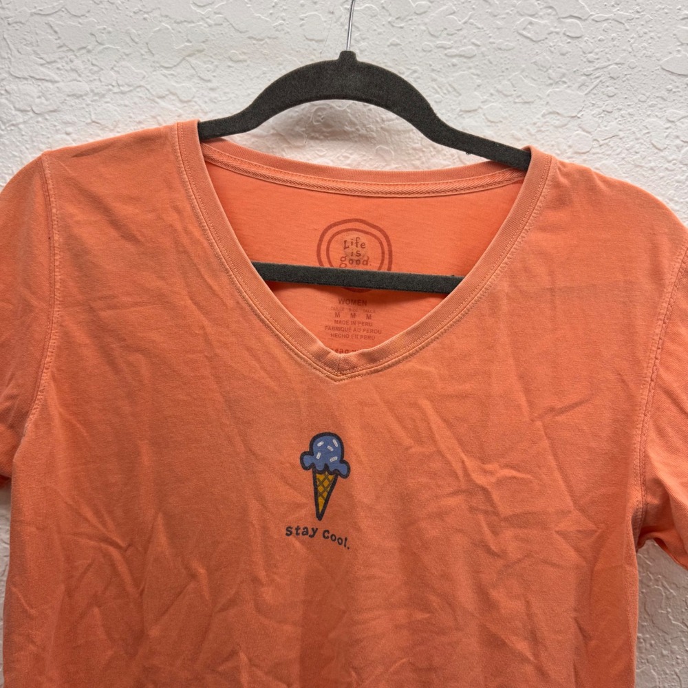 Life is Good Womens Stay Cool Ice Cream Graphic V-Neck T-Shirt Coral Medium